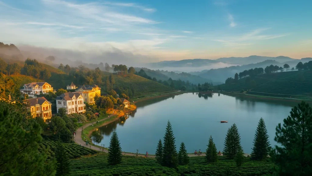 Veduta all'ora d'oro su Da Lat, Lam Dong, Vietnam, con il lago Xuan Huong, le colline di pini e l'architettura di epoca coloniale