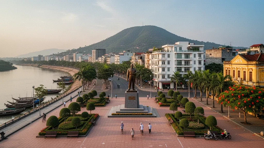 Golden-hour view of Vinh, Nghệ An, Vietnam, with a central plaza monument, tree-lined boulevard, the Lam River and a low mountain ridge behind