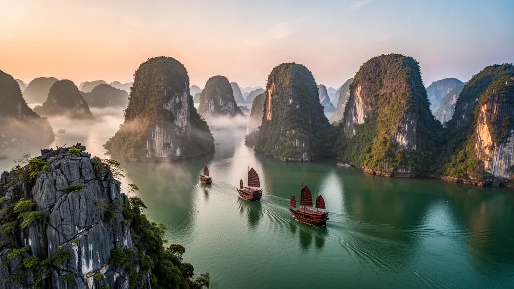 Îles karstiques calcaires émergeant des eaux émeraude de la baie d'Halong à Quảng Ninh, au Vietnam, au lever du soleil doré, avec des jonques traditionnelles