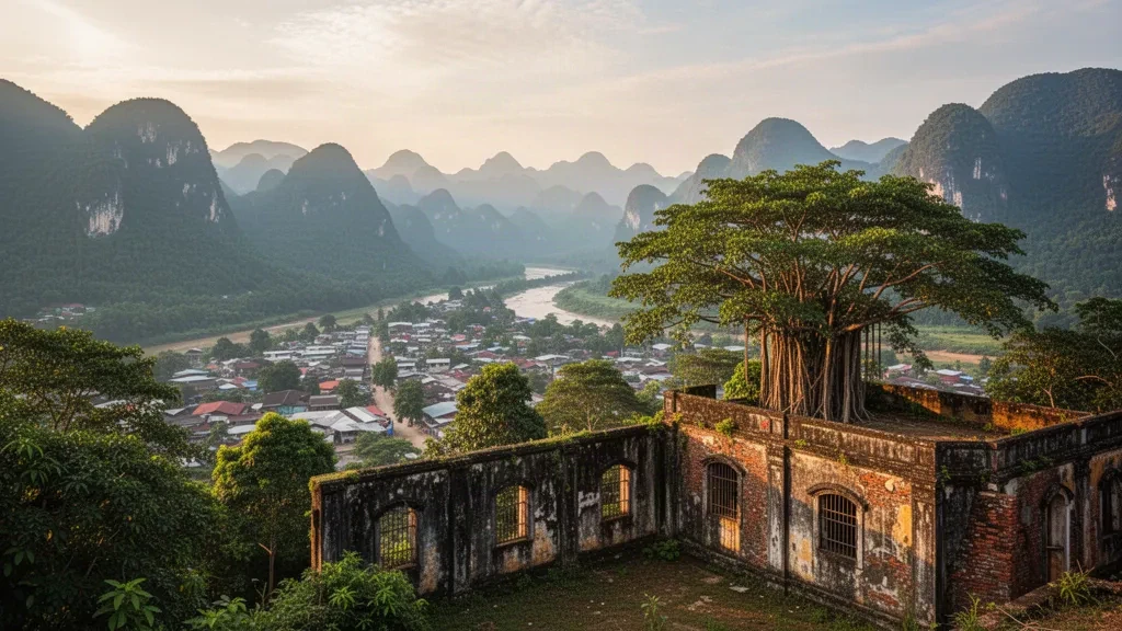 Historic hilltop prison ruins and ancient banyan tree overlooking Sơn La city nestled in green mountains, northwestern Vietnam