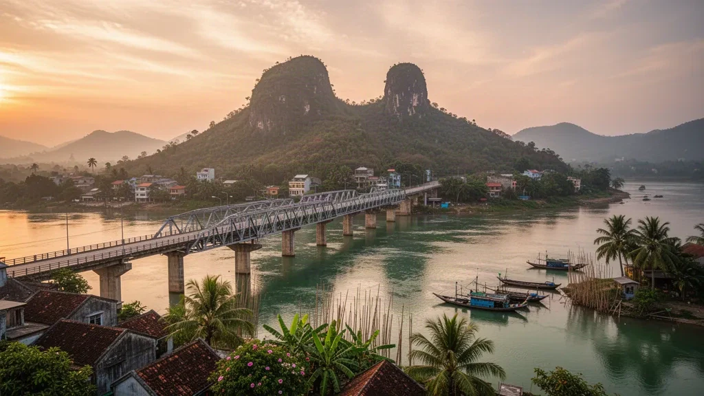 El puente Hàm Rồng sobre el río Mã con la Montaña del Dragón elevándose detrás, en Thanh Hóa, Vietnam, a la hora dorada