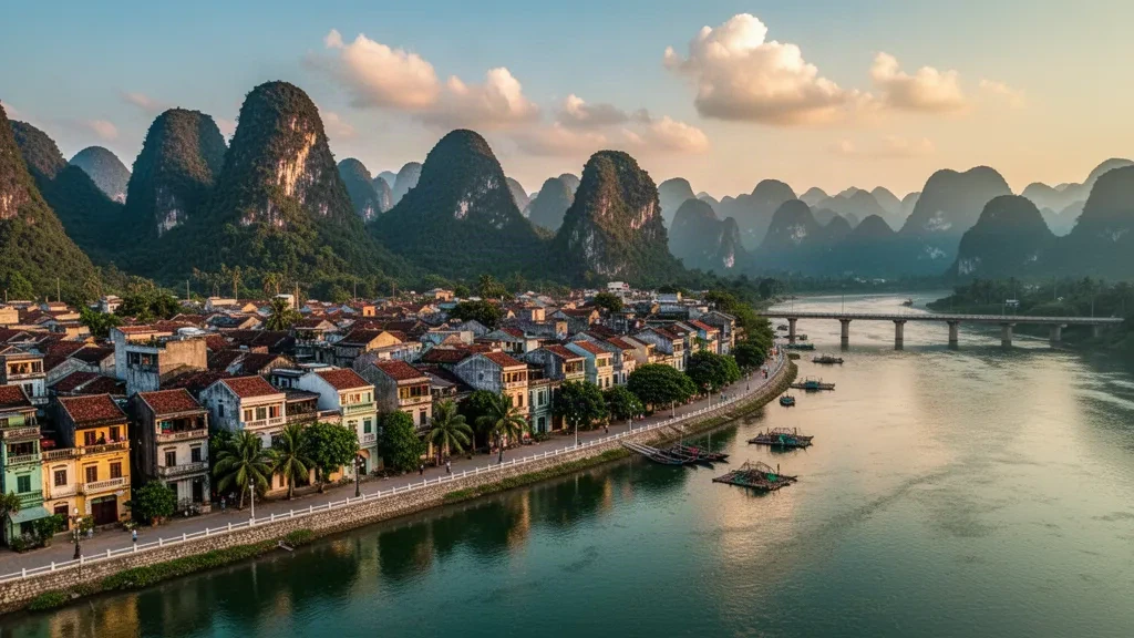 Veduta panoramica della città di Tuyen Quang in Vietnam lungo il fiume Lo, incorniciata da montagne carsiche verdi all'ora d'oro