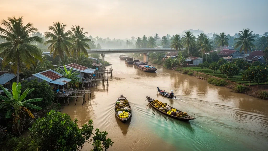 Amanecer sobre el río Mekong en Vĩnh Long, Vietnam, con barcos de madera, palmeras de coco y huertos frutales junto al río