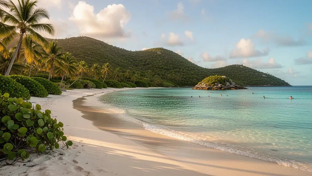 Türkisfarbenes karibisches Wasser und weißer Sand in der Trunk Bay auf Saint John, Amerikanische Jungferninseln, umgeben von grünen Hügeln des Nationalparks