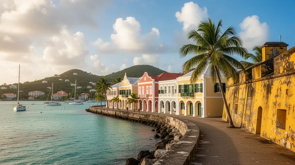 Uferpromenade von Christiansted auf Saint Croix, Amerikanische Jungferninseln, mit dänischen Kolonialgebäuden, Palmen und türkisfarbenem Hafen zur goldenen Stunde