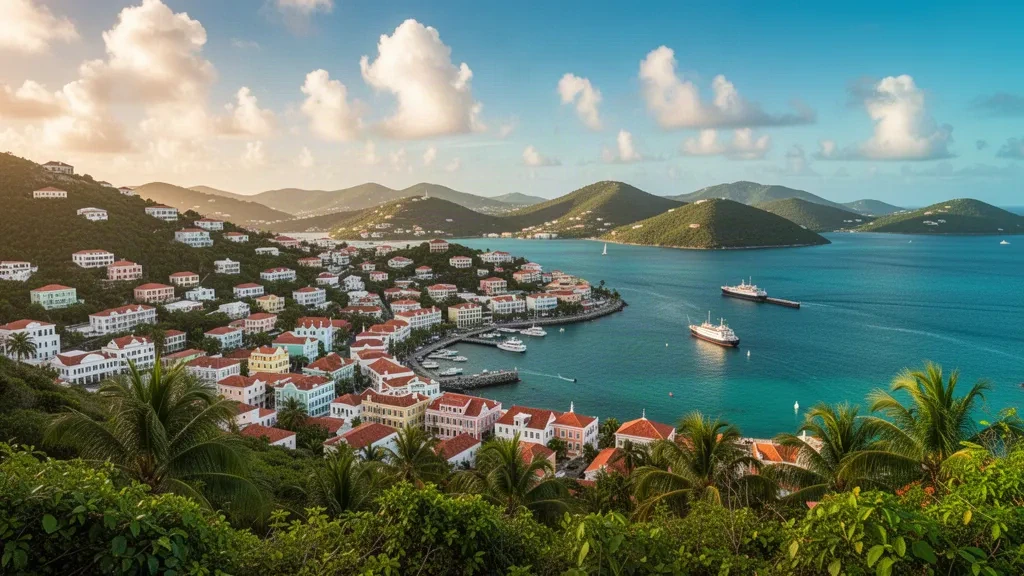 Panoramic view over Charlotte Amalie harbour on Saint Thomas, US Virgin Islands, with Danish colonial rooftops and turquoise Caribbean water