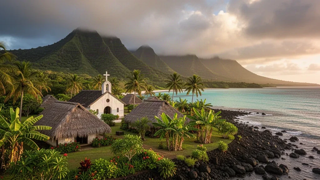 Traditional village in Ono, Alo chiefdom, Futuna Island, Wallis and Futuna, with lush volcanic hills and turquoise South Pacific waters.