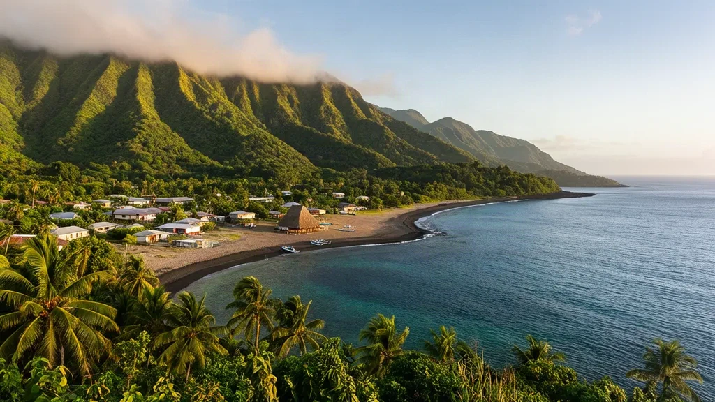 Üppige vulkanische Bergrücken über dem türkisfarbenen Wasser der Bucht von Sigave und dem Dorf Leava auf der Insel Futuna, Wallis und Futuna
