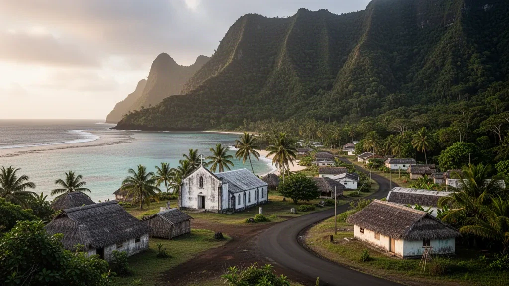 Pueblo costero e iglesia blanca en el distrito de Sigave, en la isla de Futuna, Wallis y Futuna, enmarcados por frondosas colinas volcánicas y el océano Pacífico