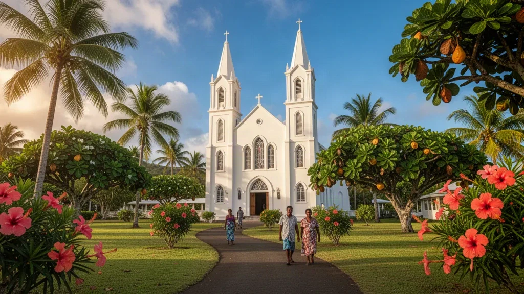 Cathédrale de Mata-Utu sur l'île d'Uvea à Wallis-et-Futuna, Pacifique Sud, entourée de verdure tropicale et d'un ciel bleu