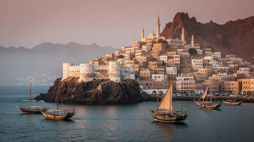 Vue à l'heure dorée de la forteresse de Sira au-dessus du port d'Aden, avec le vieux quartier de Crater et ses minarets s'élevant derrière le front de mer du golfe d'Aden