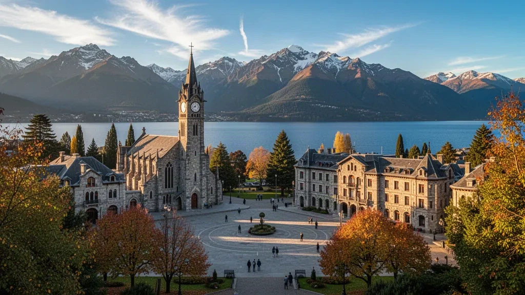 Panoramic view of San Carlos de Bariloche, Río Negro, Argentina, featuring the Civic Center, Nahuel Huapi Lake, and the Andes mountains.
