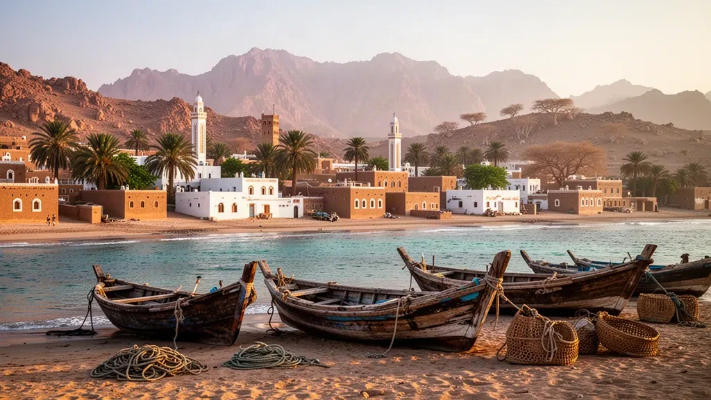 Vista durante la hora dorada del perfil costero de Al Ghaydah en la gobernación yemení de Al Mahrah, con edificios encalados y dhows de pesca.
