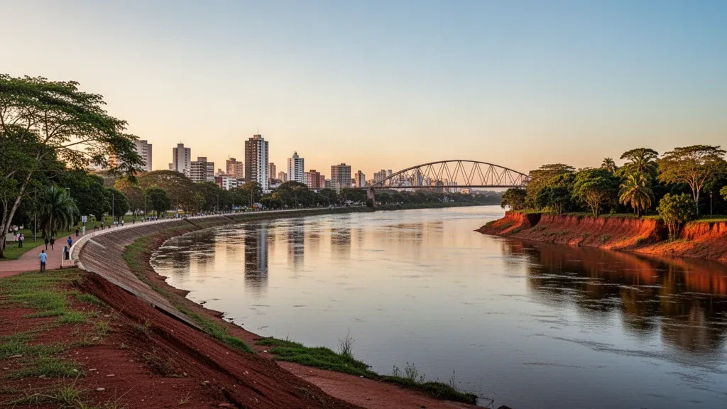 Horizonte urbano de la costanera de Posadas a lo largo del río Paraná en Misiones, Argentina, a la hora dorada con vegetación subtropical.