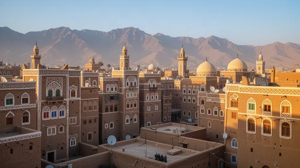 Yemen'deki Sana'a Eski Şehri'nin altın saatlerdeki görünümü; süslü kerpiç kule evler, minareler ve çatıların ardında dağlar