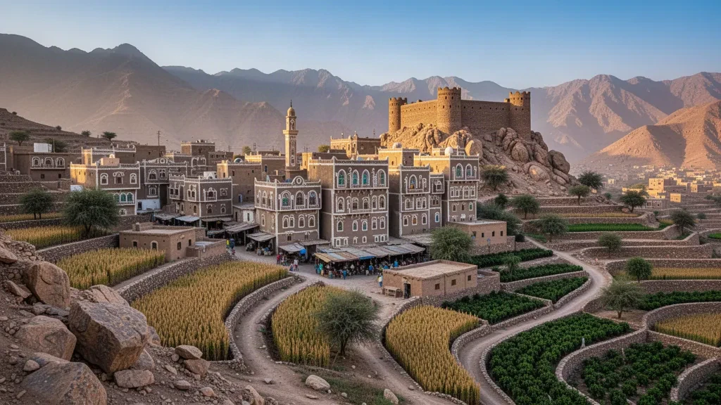 Historic highland cityscape of Hajjah, Yemen, with stone tower houses, terraced slopes and a mountaintop citadel in warm afternoon light