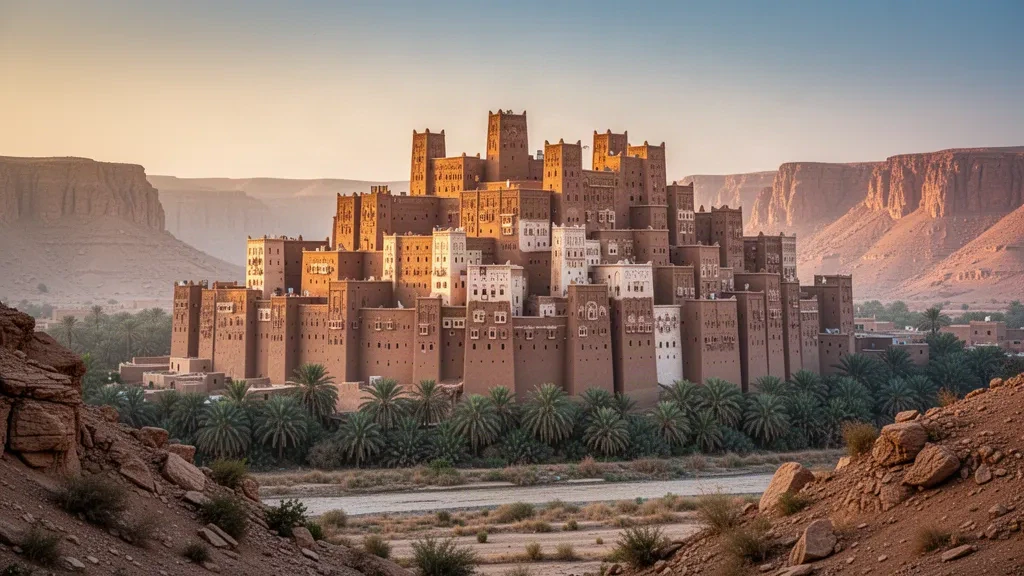 Lehmziegel-Turmhäuser von Shibam im Wadi Hadramaut, Jemen, im goldenen Licht der Abendsonne unter umliegenden Felsklippen