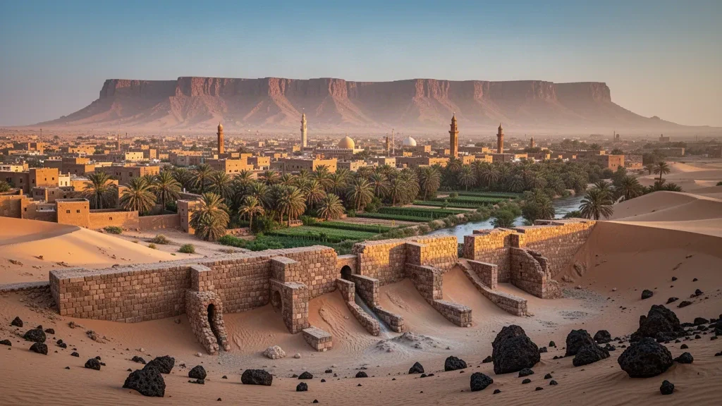 Antigua ciudad de adobe y palmeras datileras junto a la Gran Presa de Ma'rib en Yemen bajo una luz dorada del desierto