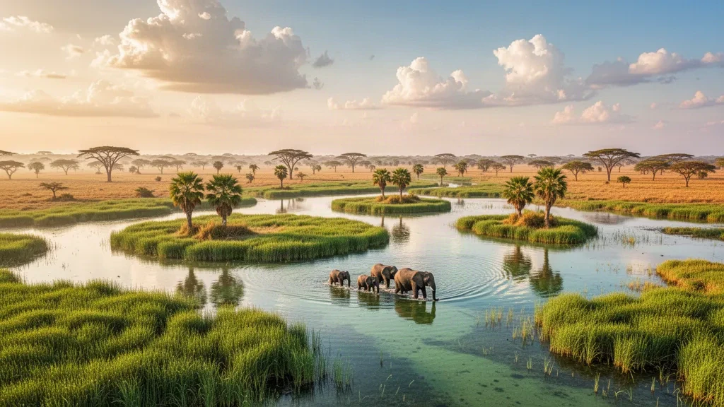 Aerial view of the Okavango Delta in Botswana at golden hour, with elephants wading through winding waterways and palm-fringed islands.