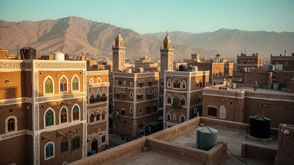Vue à l'heure dorée sur la vieille ville de Sanaa, au Yémen, montrant des maisons-tours en brique décorées, des minarets et des crêtes montagneuses brumeuses en arrière-plan