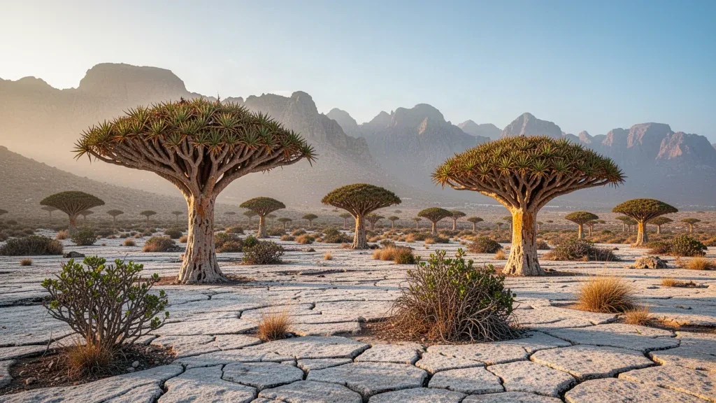 Árboles de sangre de dragón repartidos por la rocosa meseta de Dixam en la isla de Socotra, Yemen, con la cálida luz de la hora dorada