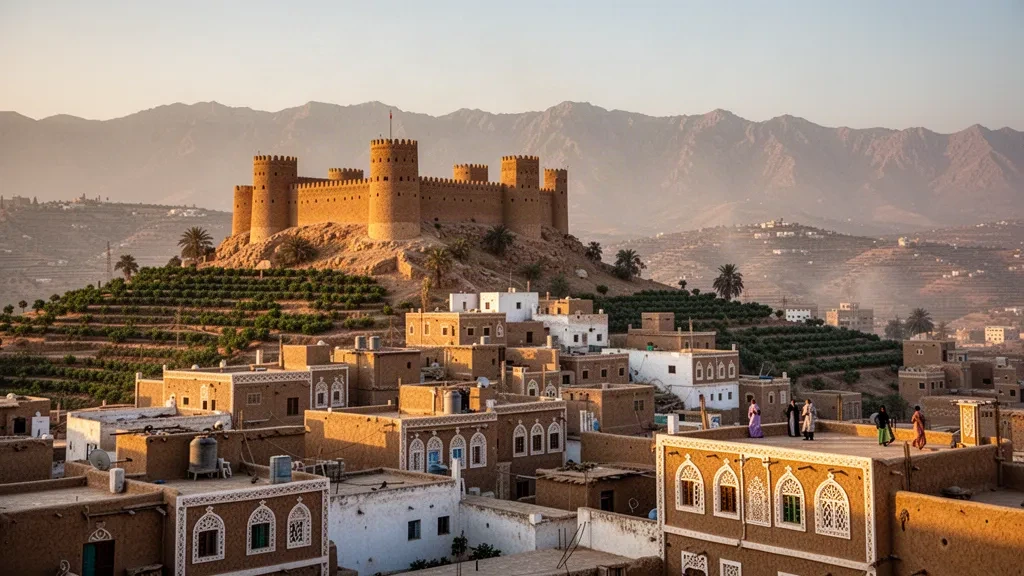 Al-Qahira Castle rising above the old city of Ta'izz, Yemen, in warm golden-hour light with highland ridges behind
