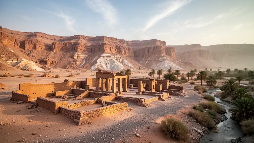 Ruines en briques de terre crue altérées de l'ancien site archéologique de Shabwa près d'Ataq, au Yémen, encadrées par des falaises désertiques dans une lumière chaude d'après-midi