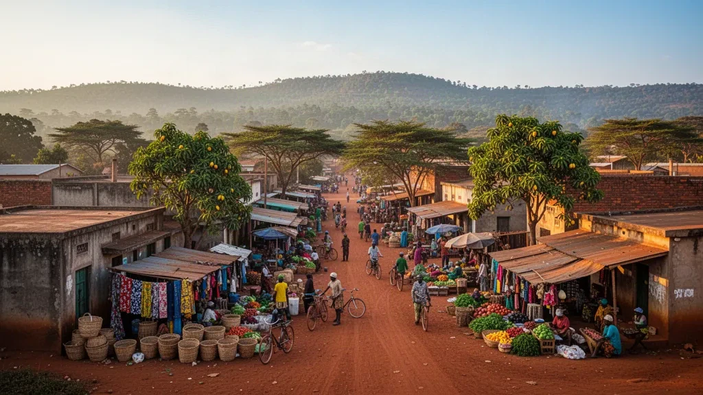 Golden-hour view of Chipata, Eastern Province, Zambia, with a lively open-air market, low-rise buildings and wooded hills.