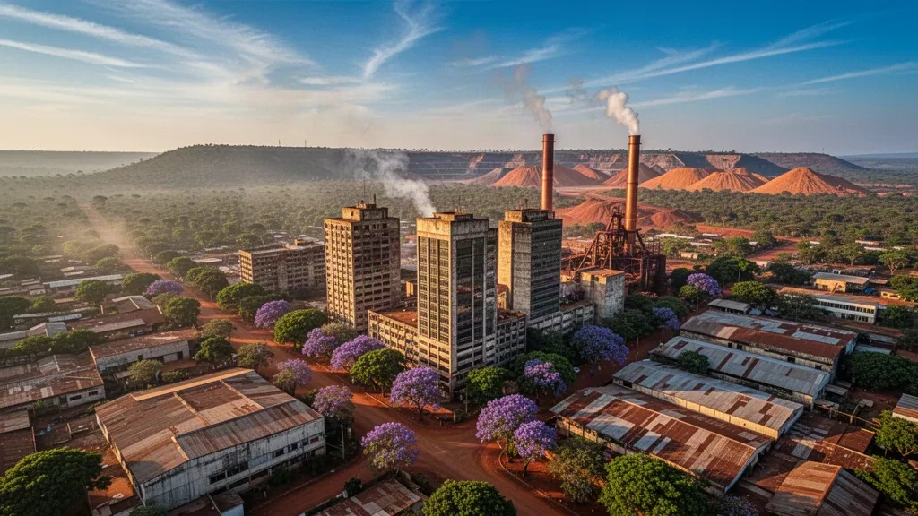 Vista aérea durante la hora dorada del horizonte urbano de Ndola y las chimeneas de la fundición de cobre en la provincia de Copperbelt de Zambia