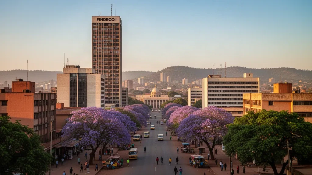 Skyline der Stadt Lusaka in Sambia mit dem Turm des Findeco House und Jacaranda-Bäumen entlang der Cairo Road zur goldenen Stunde