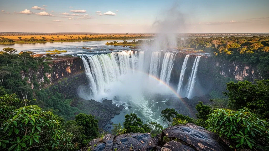 Die Victoriafälle stürzen nahe Livingstone, Sambia, in die Sambesi-Schlucht, mit aufsteigendem Nebel und einem Regenbogen im goldenen Nachmittagslicht