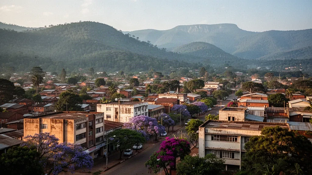Erhöhte Ansicht über Mutare in Manicaland, Simbabwe, mit Stadtdächern und den bewaldeten Bvumba-Bergen im goldenen Nachmittagslicht