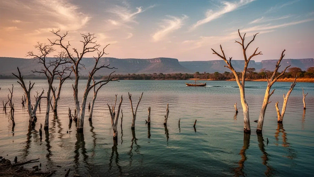 Vista en la hora dorada de la orilla del lago Kariba en Mashonaland West, Zimbabue, con mopanes desnudos reflejados en aguas tranquilas