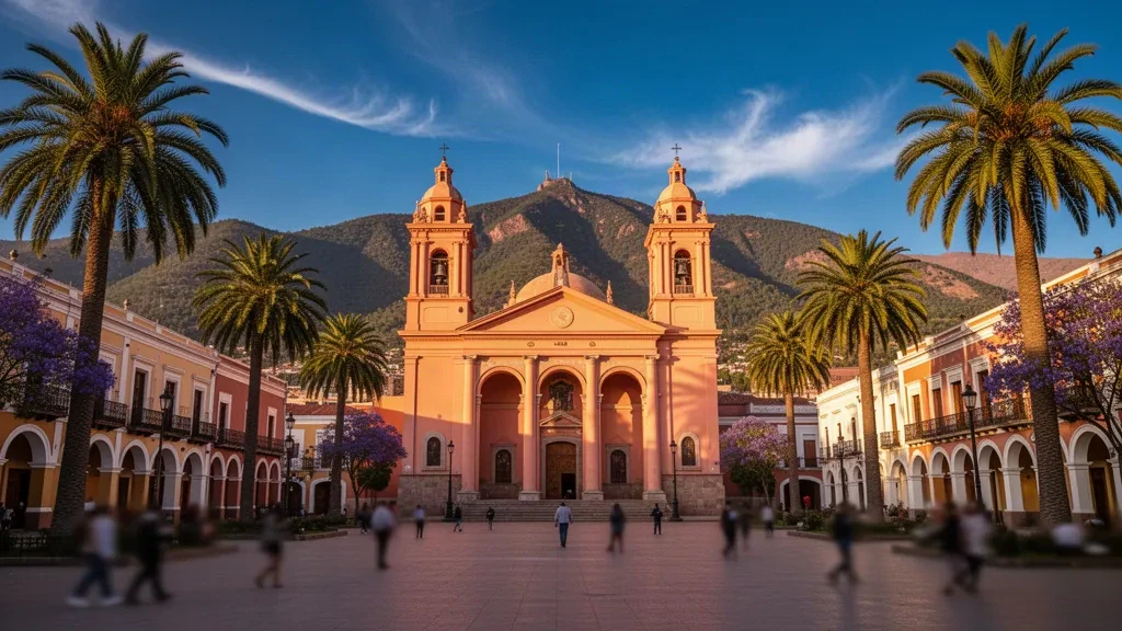Façade rose saumon et clochers jumeaux de la cathédrale de Salta surplombant la Plaza 9 de Julio à Salta, en Argentine, dans la lumière chaude de fin d'après-midi