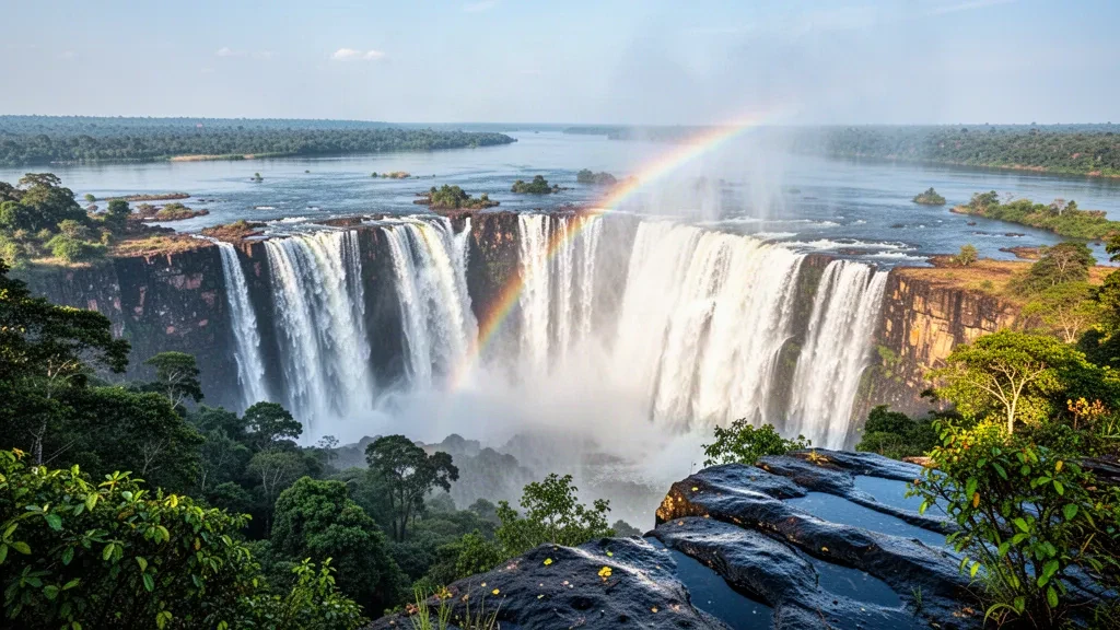 Victoria Falls am Sambesi in Matabeleland North, Simbabwe, mit weißem Wasser, das in die Schlucht stürzt, und Nebel, der über dem Regenwald aufsteigt.