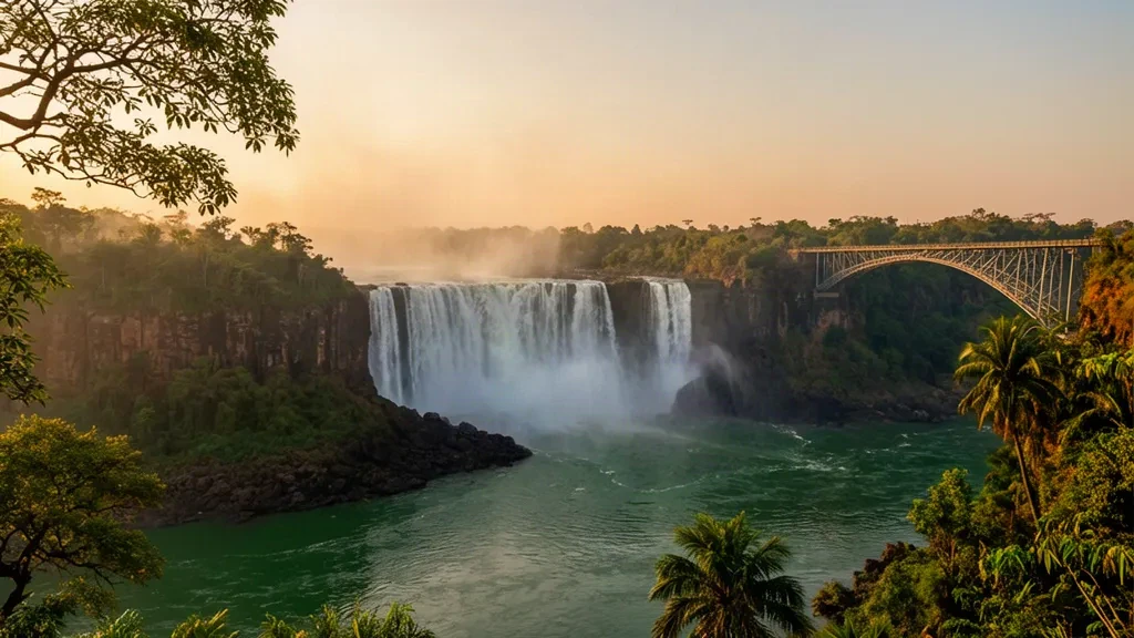 Las Cataratas Victoria y el desfiladero del río Zambeze en Matabelelandia del Norte, Zimbabue, resplandeciendo en la hora dorada con niebla elevándose sobre la selva tropical