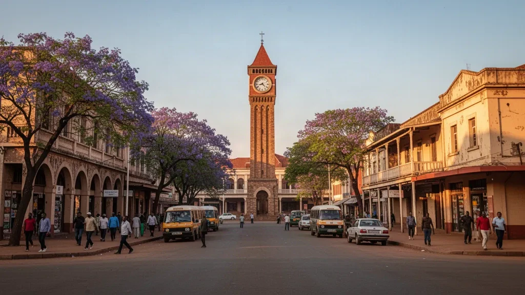 Boggie Clock Tower und Straßenszene im Stadtzentrum von Gweru, der Hauptstadt der Midlands Province in Simbabwe