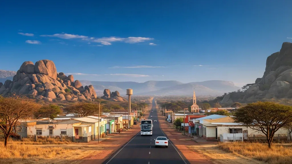 Vue à l'heure dorée sur Gwanda, au Zimbabwe, avec des kopjes de granite, des baobabs et une rue principale peu élevée du Matabeleland South.