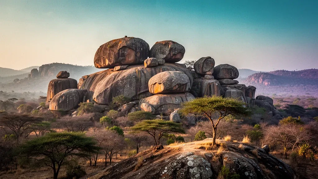 Zimbabve'nin Matabeleland South bölgesindeki Matobo Tepeleri'nin altın saatte parlayan granit kopjeleri ve dengede duran kayaları
