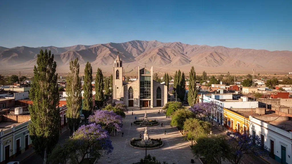 Plaza 25 de Mayo e la cattedrale di San Juan, Argentina, con le aride propaggini preandine all'orizzonte