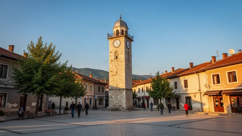 Historischer Sahat-Kulla-Uhrturm im alten Stadtzentrum von Gjilan, Kosovo, in warmem Licht des späten Nachmittags.