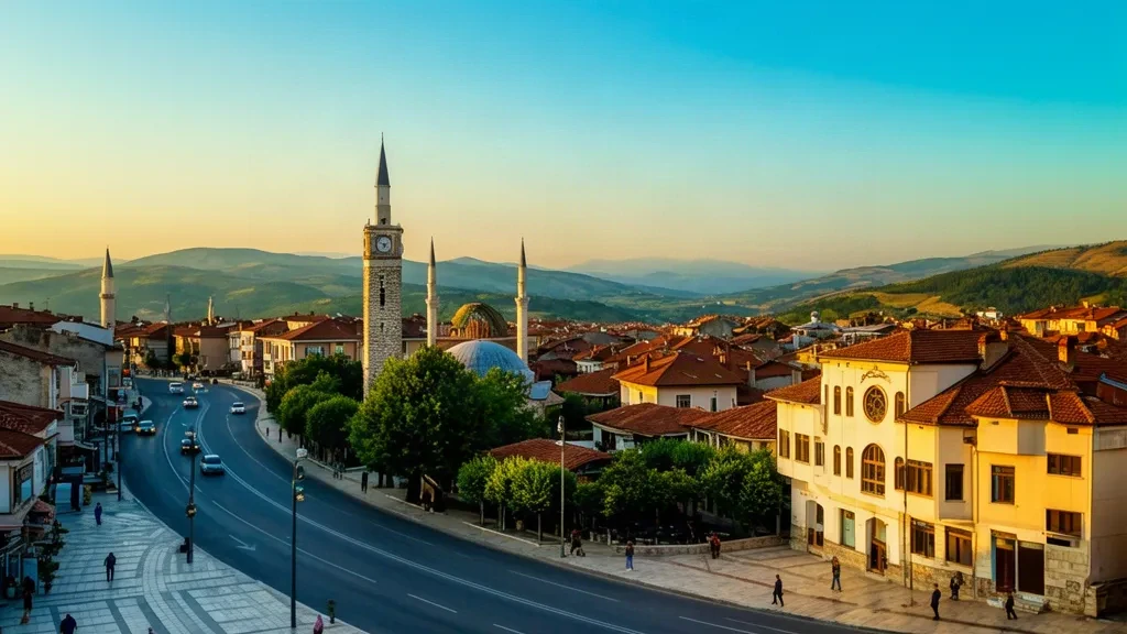 Vista durante la hora dorada sobre Gjilan, Kosovo, con el antiguo bazar, el minarete de la mezquita y la torre del reloj bajo verdes colinas onduladas