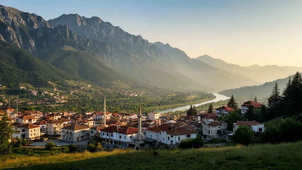 Blick zur goldenen Stunde auf Peja, Kosovo, mit den Rugova-Bergen hinter dem Fluss Lumbardhi und den Dächern der Altstadt.