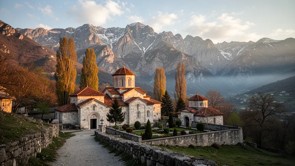 Peja, Kosova'daki Peć Patrikhanesi'nde altın saat; manastırın arkasında Rugova Vadisi ve Lanetli Dağlar yükseliyor