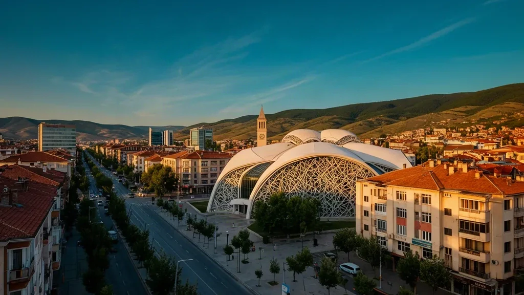 Skyline di Pristina all'ora d'oro con le cupole bianche e la facciata a reticolo della Biblioteca Nazionale del Kosovo e le colline verdi sullo sfondo