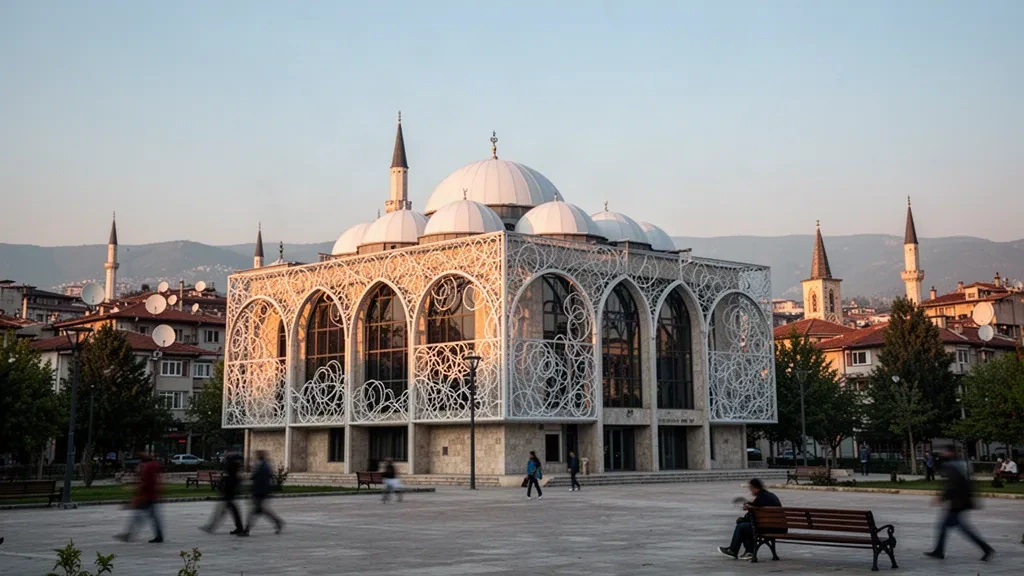 Veduta all'ora d'oro dello skyline di Pristina, Kosovo, con la suggestiva facciata bianca a reticolo e le cupole della Biblioteca Nazionale