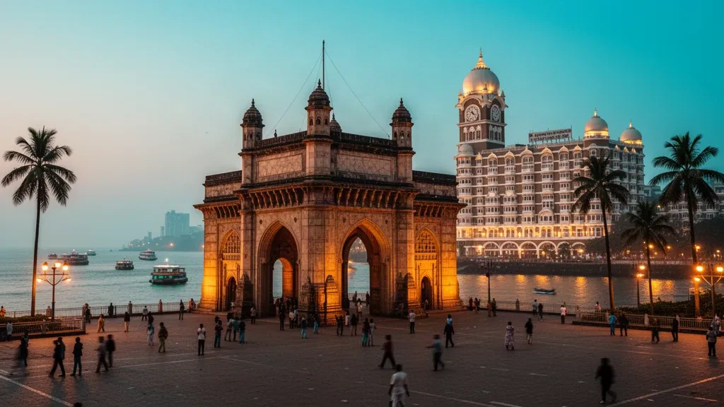 La Porta dell'India e l'hotel Taj Mahal Palace si trovano lungo il lungomare di Mumbai sotto un cielo serale caldo.