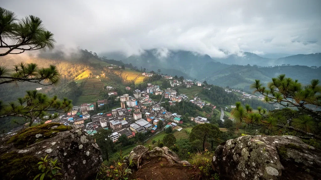 Shillong hill city in Meghalaya framed by pine-covered Khasi Hills under drifting monsoon mist and warm late-afternoon light