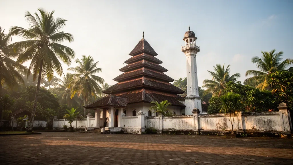 Serang, Endonezya'daki Banten Ulu Camii, sıcak öğleden sonra ışığında palmiyelerle çevrili kademeli çatısı ve beyaz minaresiyle