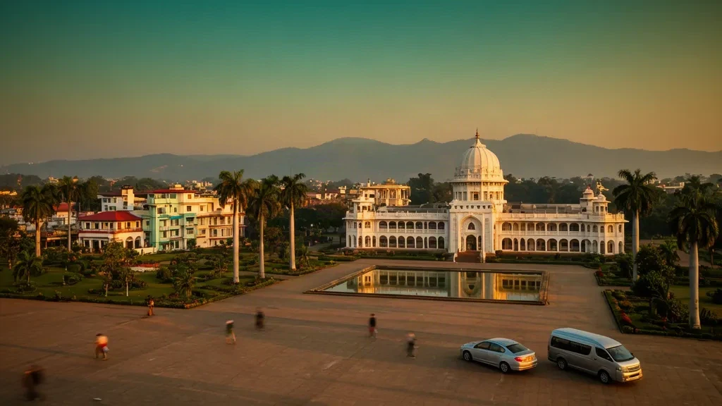 Ujjayanta-Palast und Stadtansicht von Agartala in Tripura, Indien, zur goldenen Stunde, mit Gärten, Palmen und offener Fläche für Website-Inhalte